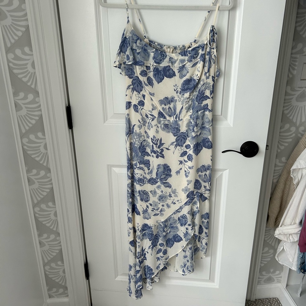 Reformation Blue Floral Ruffle Slip Dress on Cream